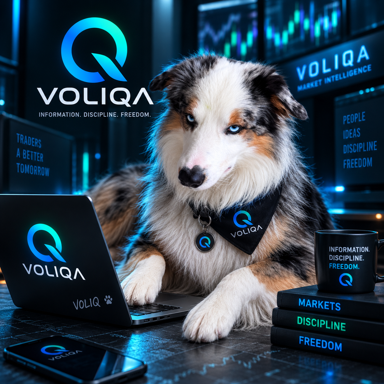 VOLIQAI guardian dog at a desk with laptop